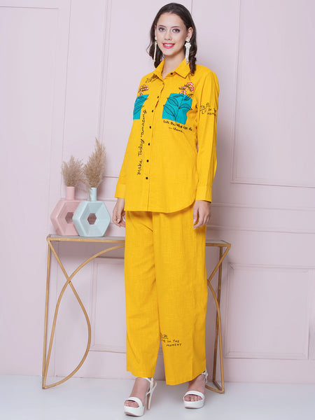 Yellow Cotton Embroidered Shirt with High Waist Pallazo-WRKS162Y