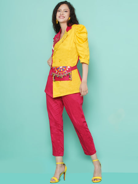Pink and Yellow Cotton Silk Blazer Set-WRKS114