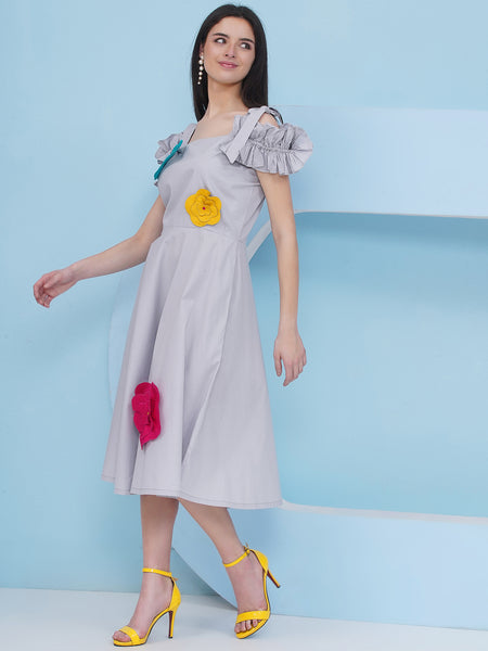 Grey Cotton Dress With 3 D Flowers-WRK483