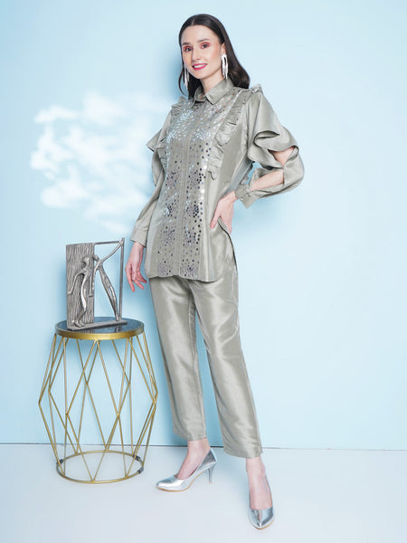 Pastel Green Hand Embellished Silk Muslin Set-WRKS151