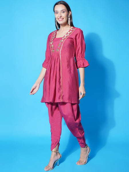 Pink Cotton Muslin Hand Embellished Kurta with Salwaar