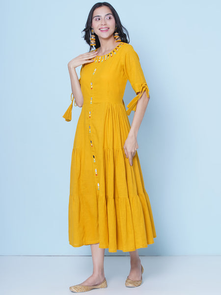 Yellow Cotton Mirror Embroidered Tiered Dress-Wrk459