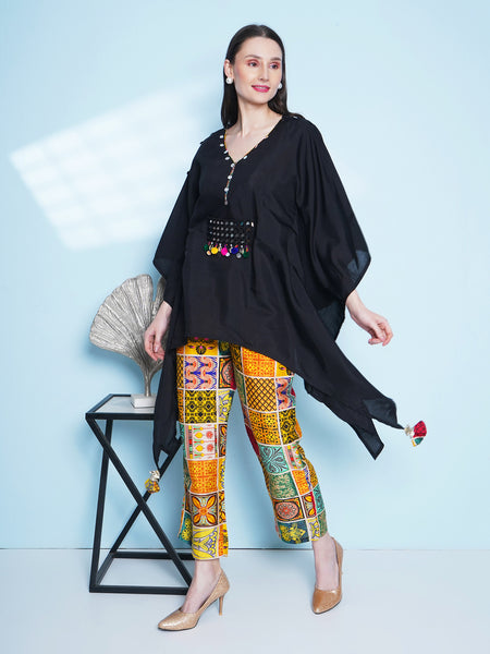 Black Kaftaan With Mirror work bely and printed Plazzo-WRKS154
