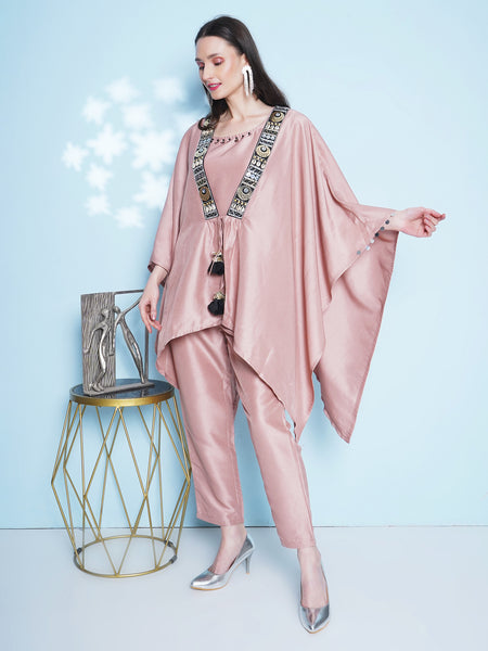 Rose Gold Silk Muslin 3 Pcs Hand Embellished Kaftaan Set-WRKS150
