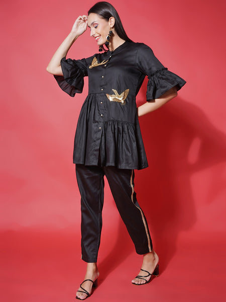 Black Cotton Silk Hand Embellished Coord Set-WRKS117