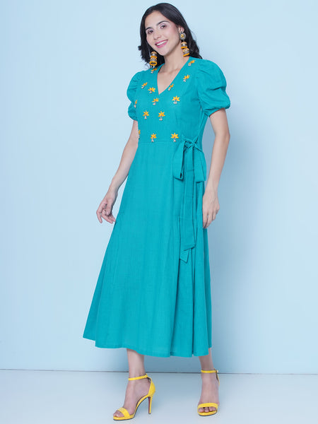 Blue Embroidered Angrakha Dress-WRK462
