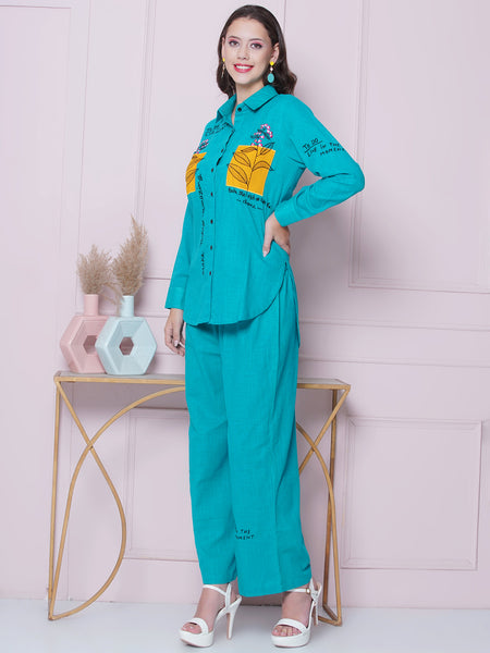 Blue Cotton Embroidered Shirt with High Waist Pallazo-WRKS162B