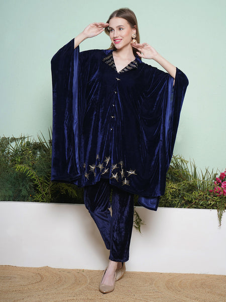 Navy Blue Hand Embellished Kaftaan Style Kurta with Pant-WRKS136