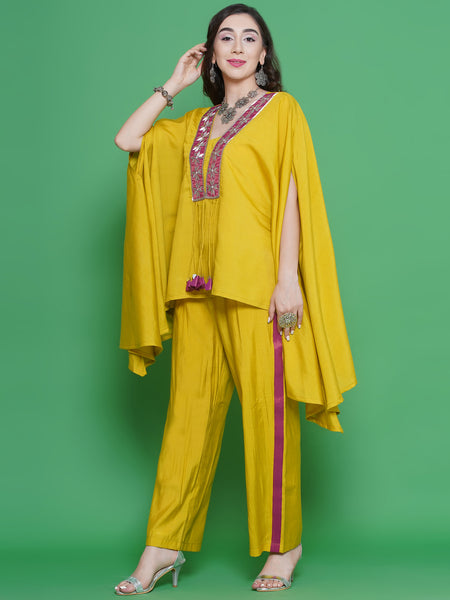 Lemon Yellow Muslin Hand Embellished Kaftaan Set-WRKS130