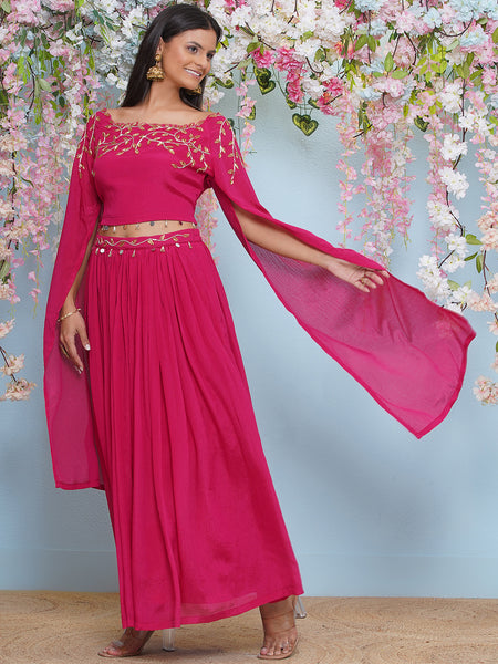 Pink Chinnon Hand embellished long sleeves kurta with Lehnga-WRKS196