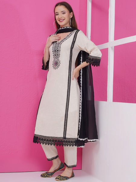 Off White Cotton Flex Embroidered Suit with Dupatta-WRS002