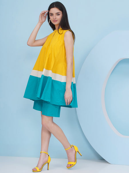 Yellow Loose Fit Top with Blue Shorts-WRKS481