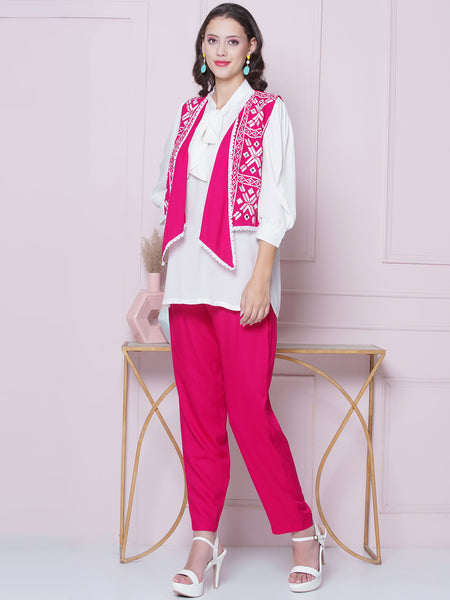 Pink Rayon Slub Embroidered Jacket with shirt and Pant-WRKS161