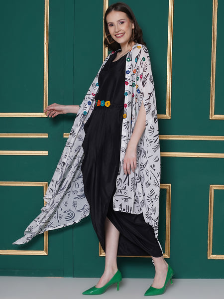 Black Dress with embroidered belt and printed georgette cape-WRK469