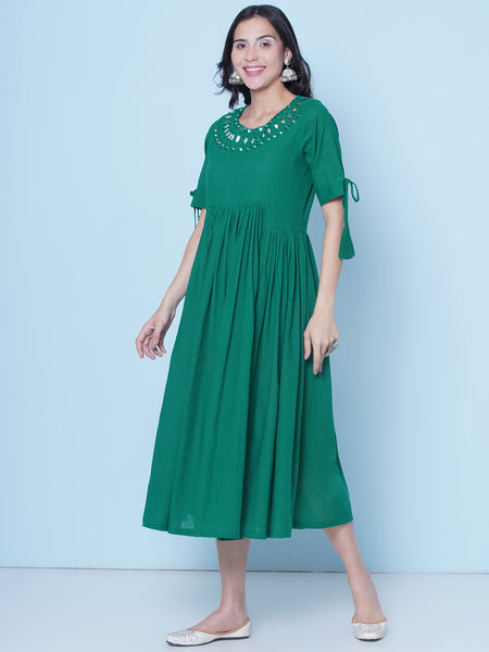 Green Cotton Mirror Embroidered Dress-wrk461