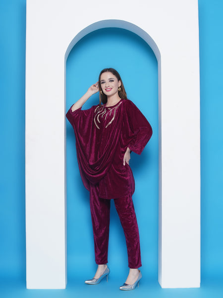 Wine Vevet Hand Embellished Drape Style Kurta with Pant-WRKS146