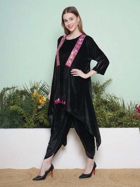 Black Velvet Hand Embellished Jacket with Inner and Dhoti Salwaar-WRKS138
