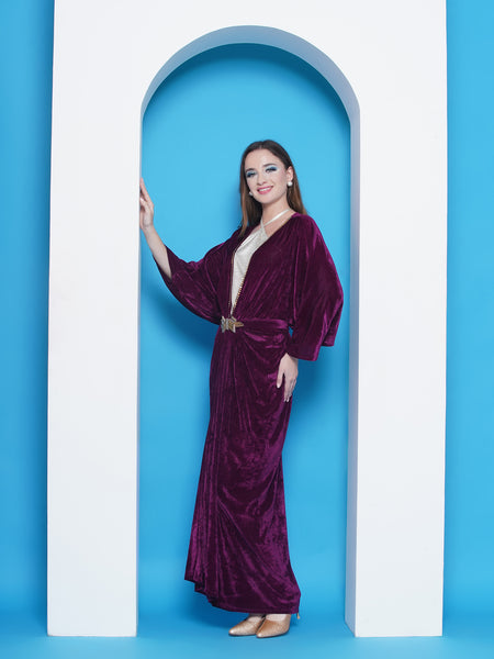Wine Velvet Gown With Hand Embellished Belt and Metallic Halter Neck top-WRH455