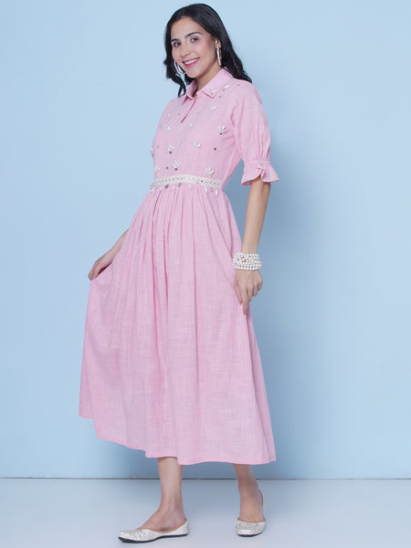 Baby Pink Cotton Hand Embellished Dress-WRK463