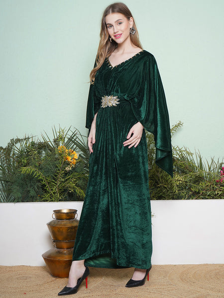 Green Velvet Cape Style Hand Embellished Gown with Belt-WRK453