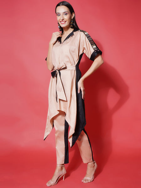 Light Peach & Black Cotton Silk Hand Embellished Coord Set