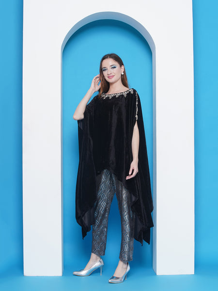 Black Velvet Hand Embellished Kaftaan with Metallic Pants-WRKS142