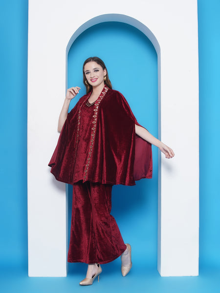 Maroon Embroidered Velvet 3 pcs Cape set-WRKS145