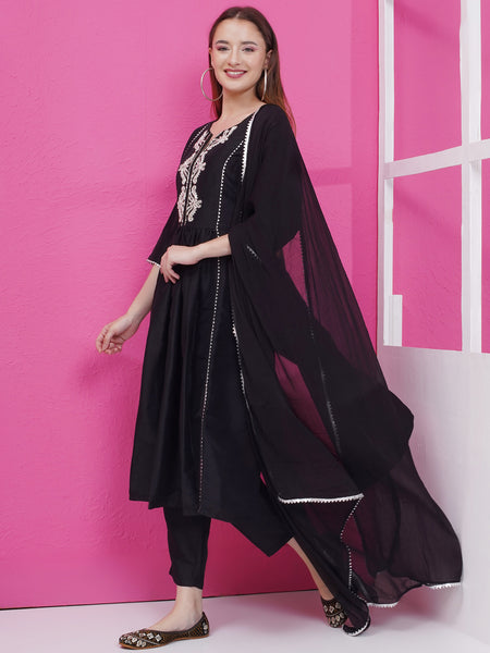 Black Silk Muslin Hand embellished Suit with Dupatta-WRS003
