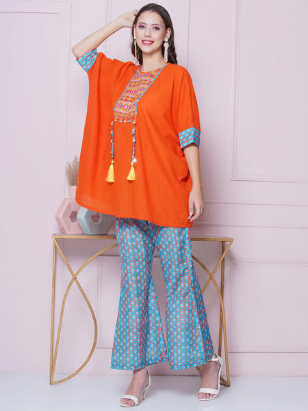 Orange Cotton Mirror Embroidered Kaftaan with Printed Bellbottom-WRKS159