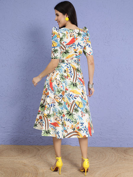Tropical Poplin Printed Dress with Belt-WRK289