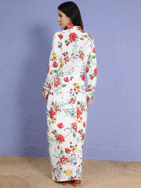 Floral Elegance Cotton Blend Shirt & Drape Skirt Set-WRKS268