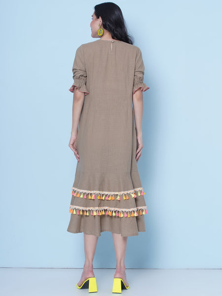 Brown Cotton Embroidered Dress-WRK458