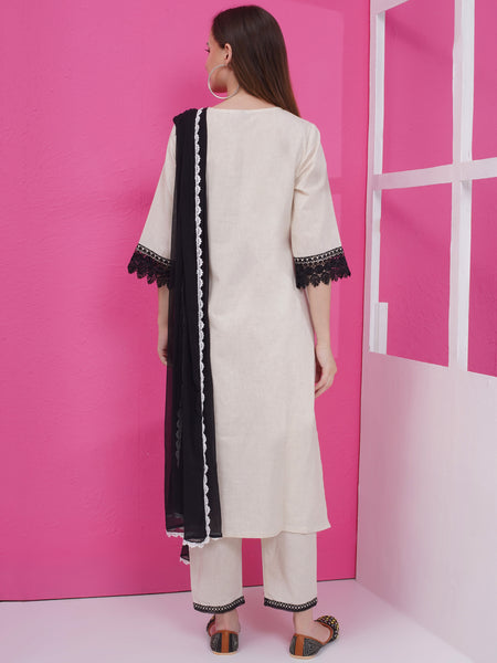 Off White Cotton Flex Embroidered Suit with Dupatta-WRS002