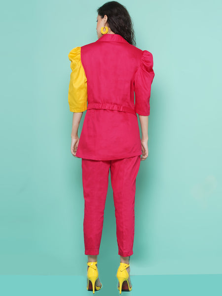 Pink and Yellow Cotton Silk Blazer Set-WRKS114