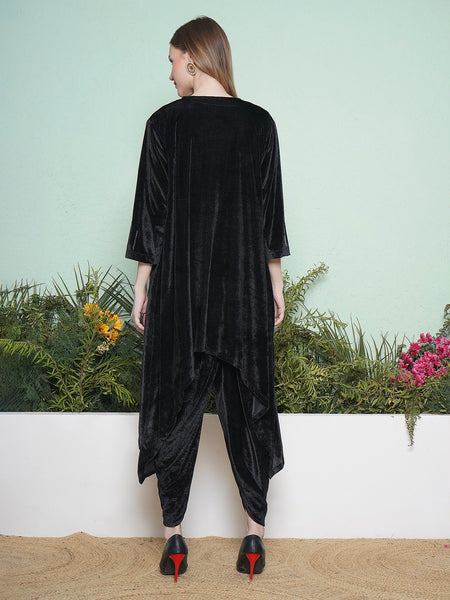 Black Velvet Hand Embellished Jacket with Inner and Dhoti Salwaar-WRKS138