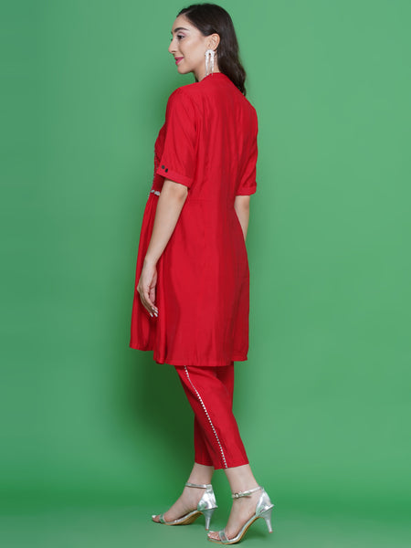 Red Muslin Kurta Set with Mirror Work-WRKS131