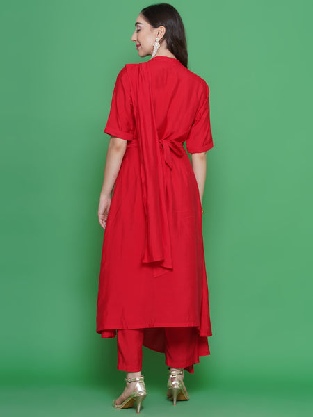 Red Muslin Hand Embellished Drape Set-WRKS129R
