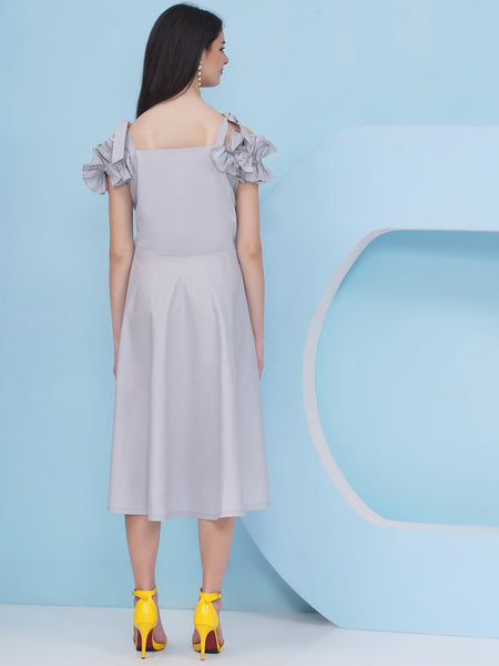 Grey Cotton Dress With 3 D Flowers-WRK483