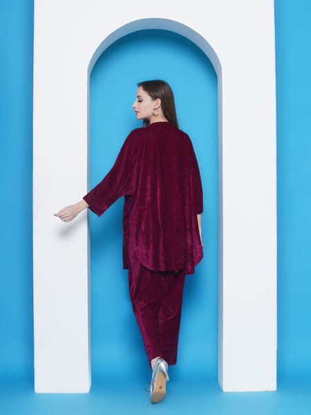 Wine Vevet Hand Embellished Drape Style Kurta with Pant-WRKS146