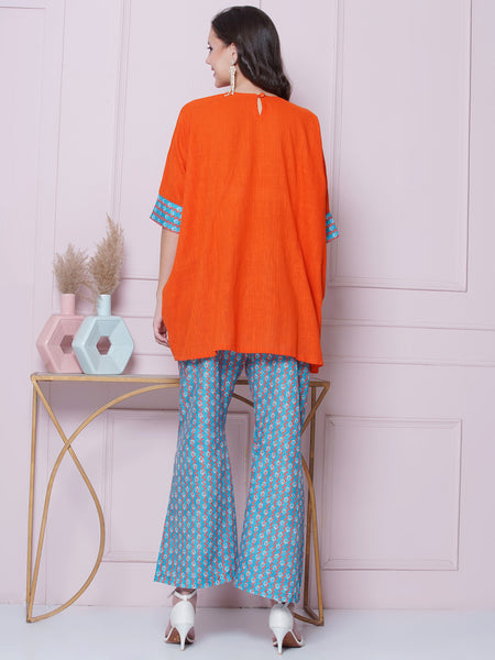 Orange Cotton Mirror Embroidered Kaftaan with Printed Bellbottom-WRKS159