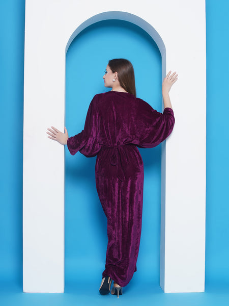 Wine Velvet Gown With Hand Embellished Belt and Metallic Halter Neck top-WRH455