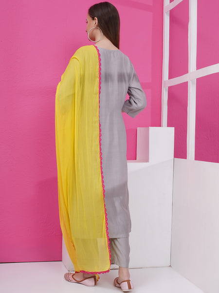 Grey Embroidered Suit with Dupatta-WRS004