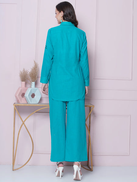 Blue Cotton Embroidered Shirt with High Waist Pallazo-WRKS162B