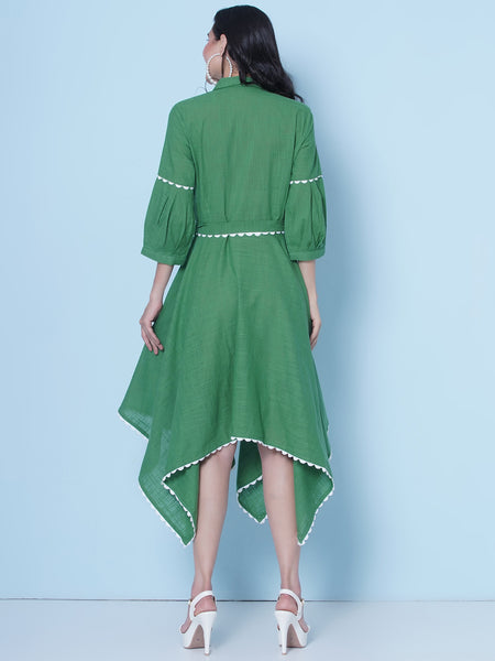 Green Hand Embroiderd Cotton Dress-WRK466