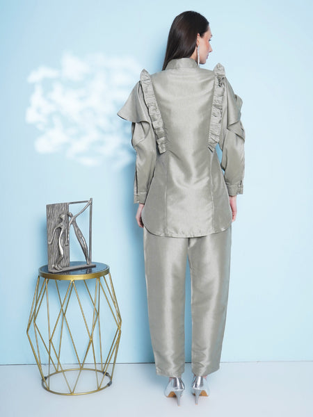 Pastel Green Hand Embellished Silk Muslin Set-WRKS151