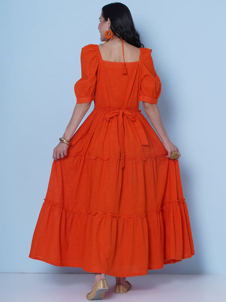 Orange Tiered Cotton Dress With belt and Necklace-WRK457