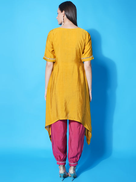 Mustard Assymetrical Kurta with Mirror Embroidery and Afghani Salwaar-WRKS121