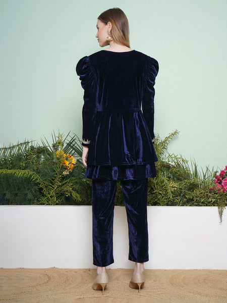 Navy Blue Hand Embellished Velvet Kurta Set-WRKS139