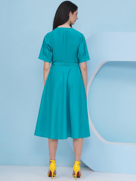 Blue Cotton Dress with 3D Embroidery-WRKS484