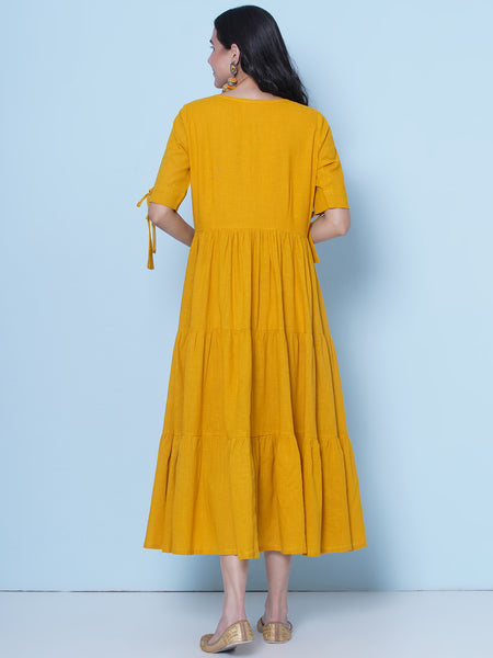 Yellow Cotton Mirror Embroidered Tiered Dress-Wrk459